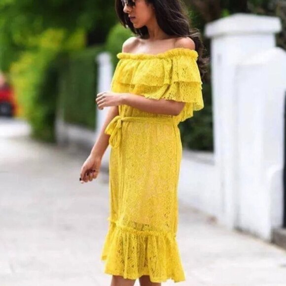 Zara Yellow Off The Shoulders Lace Dress- Size Small - Picture 1 of 16